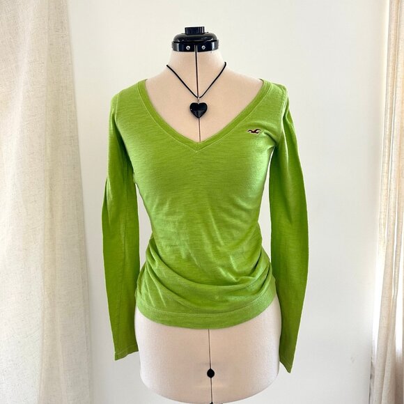 Hollister Y2K Womens Green V Neck Long Sleeve Top Size XS Sweater Preppy - Picture 1 of 9